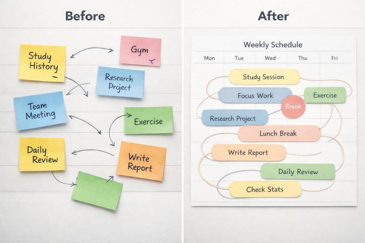 Comparison of a chaotic to a structured weekly schedule on a white background.