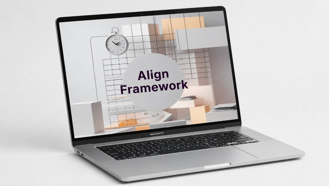 Laptop displaying a presentation slide with 'Align Framework' on a white background
