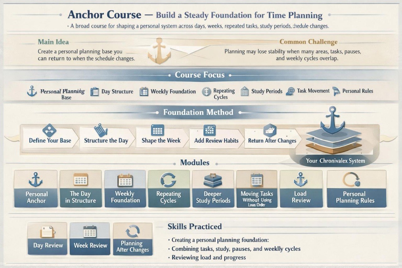 Anchor Course time planning system diagram with various modules and steps.