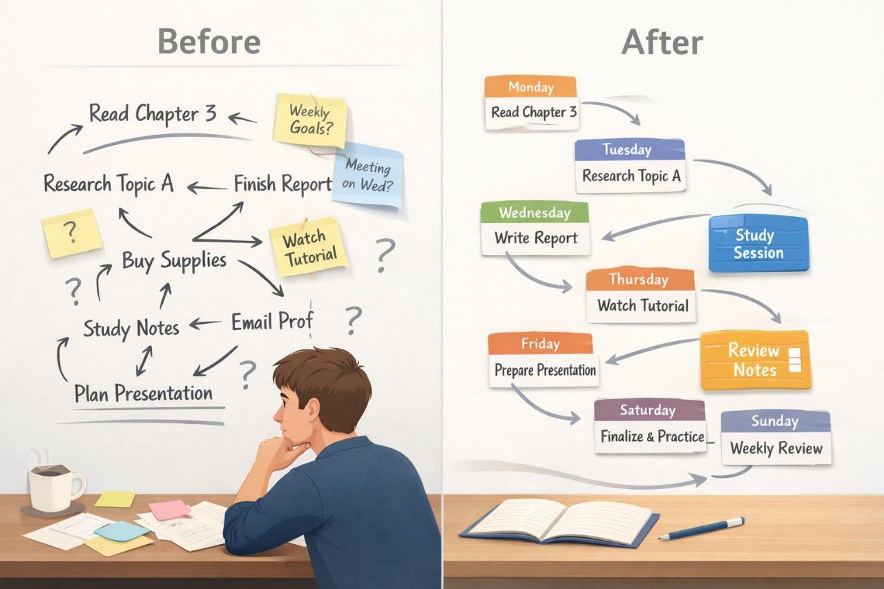 Comparison of a chaotic workflow on the left and a more organized schedule on the right, with a person sitting at a desk.