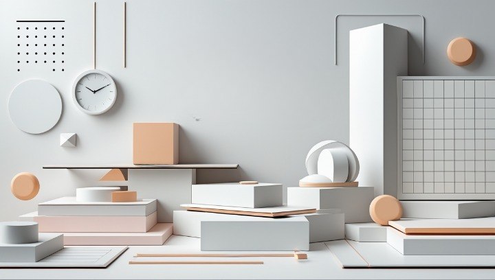 Modern interior design with geometric shapes and minimal decor on a light gray background
