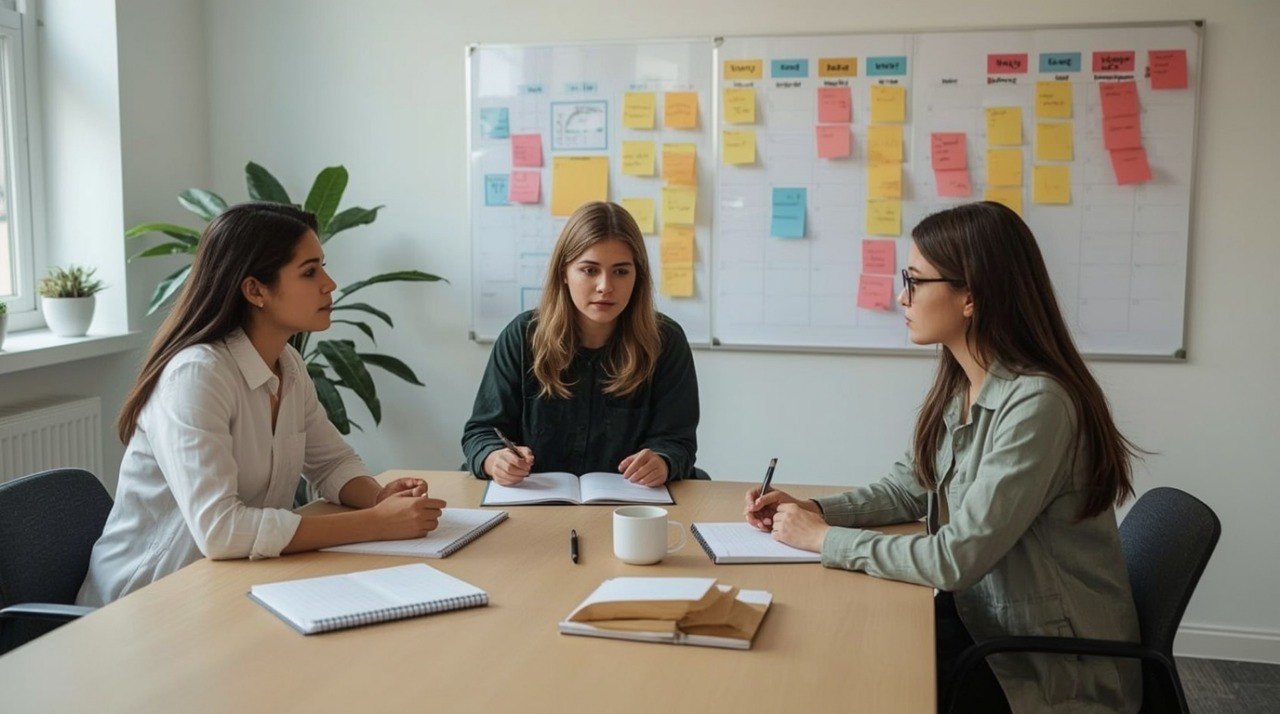 Three women sitting at a table with notebooks and pens, in front of a whiteboard with colorful notes.