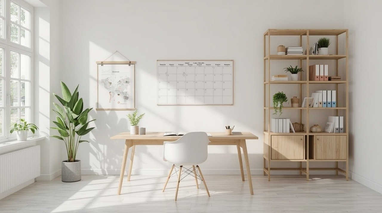 Modern home office with wooden desk, chair, and bookshelf.