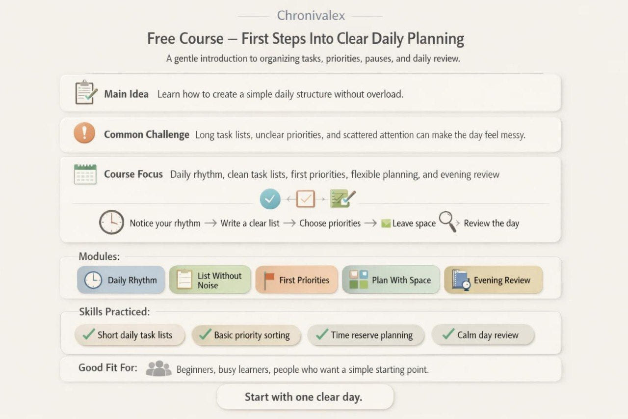 Screenshot of a free course on clear daily planning with text and icons.