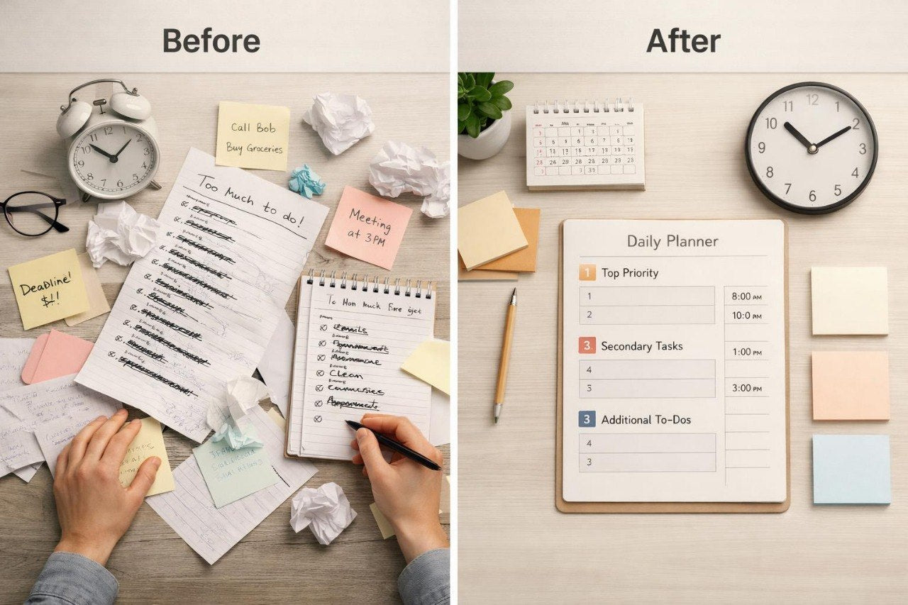 Comparison of a messy desk with notes and a organized desk with a planner.