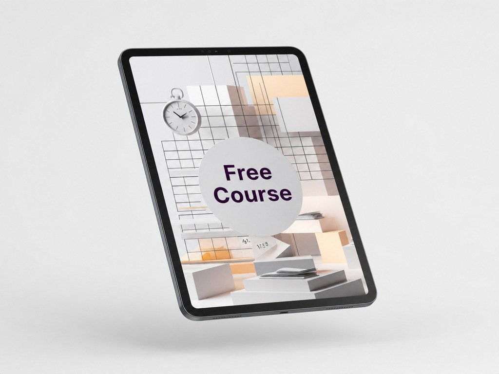 Digital tablet displaying a free course offer on a light gray background