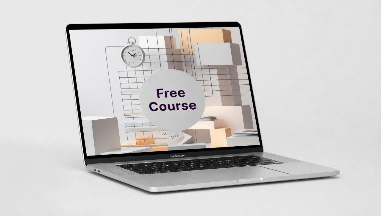 Laptop displaying a free course offer on a white background