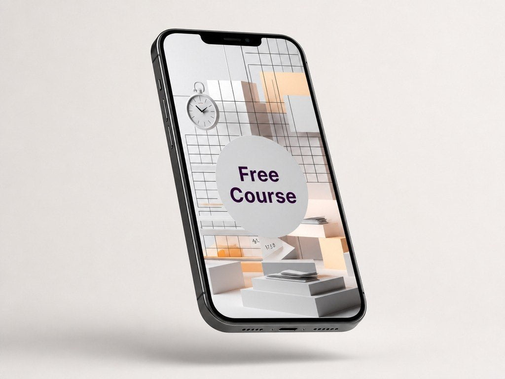 Smartphone displaying a free course offer on a light gray background