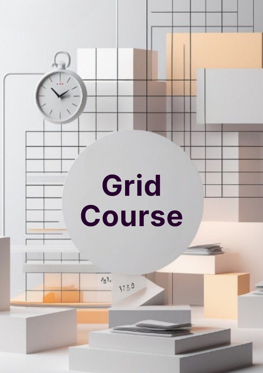 Modern interior design with geometric shapes and a clock, featuring the text 'Grid Course'.