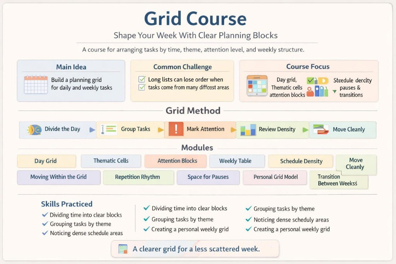 Grid Course layout with planning tools and modules on a white background