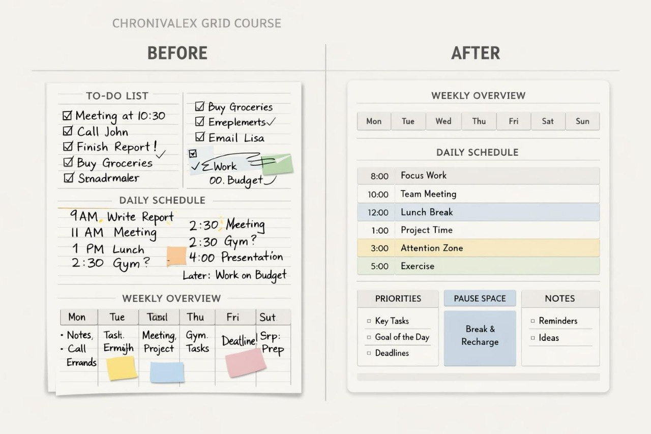Comparison of a to-do list and weekly overview before and after using Chronivalex Grid Course.