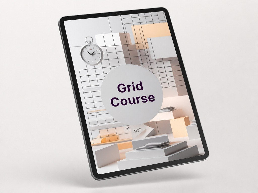 Digital tablet displaying a grid design course on a white background