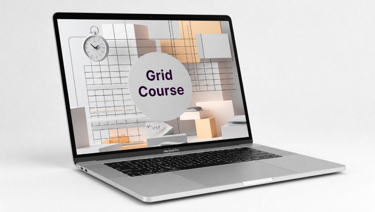 Laptop displaying a 'Grid Course' on a white background