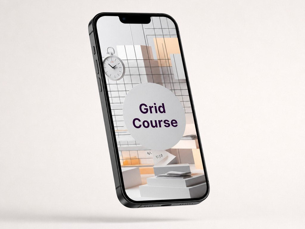 Phone displaying a design grid with 'Grid Course' text on a light gray background