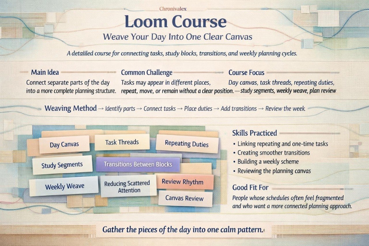 Course flyer for 'Loom Course' with text and colorful blocks on a map background