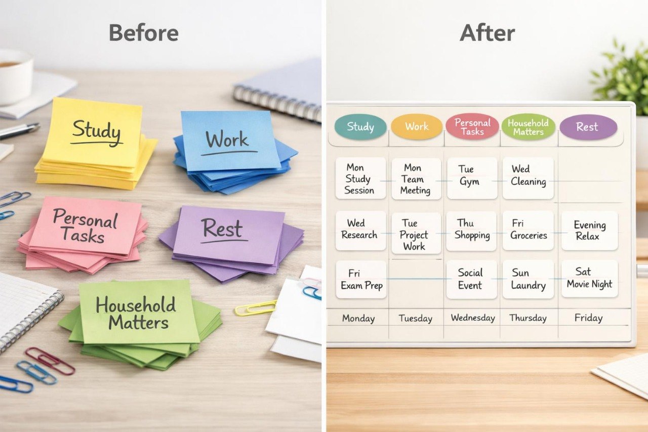 Comparison of colorful sticky notes on a desk with a digital calendar app on a computer screen.