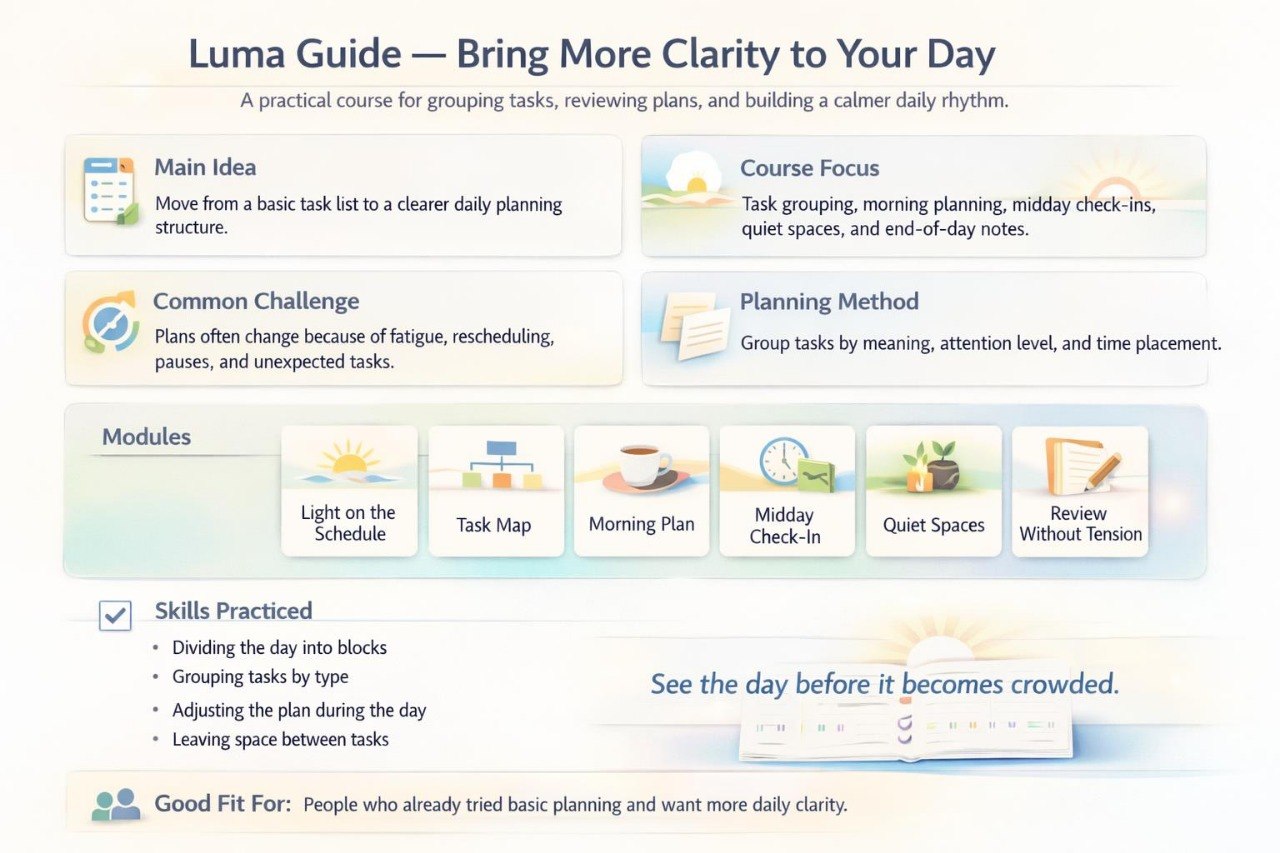 Luma Guide course overview with modules and benefits on a white background