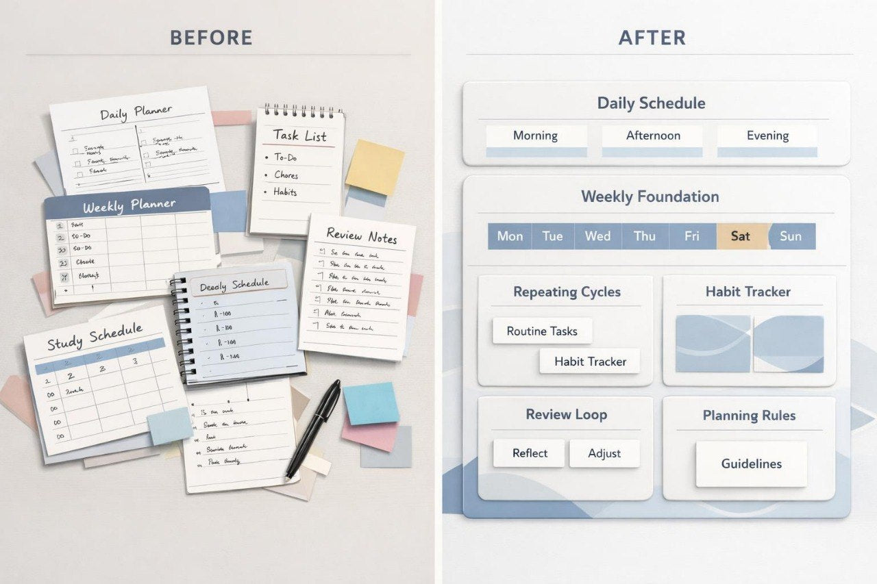 Comparison of before and after planner designs with text and icons.