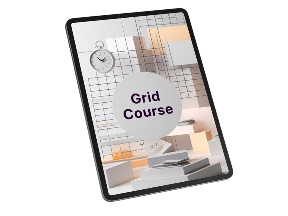 Digital tablet displaying a grid design with 'Grid Course' text on a white background