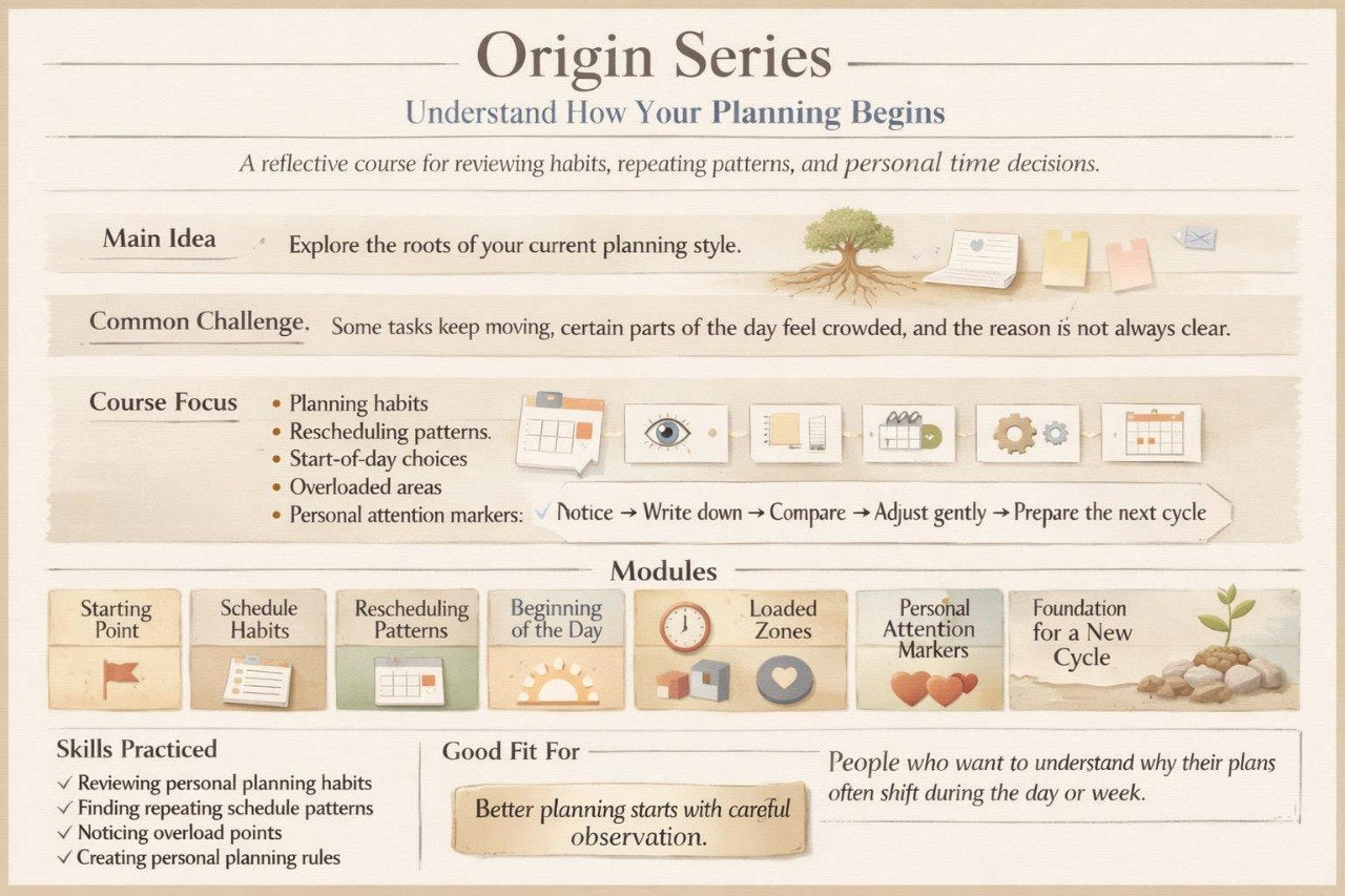 Course outline for 'Origin Series' on planning habits and patterns with icons and text.