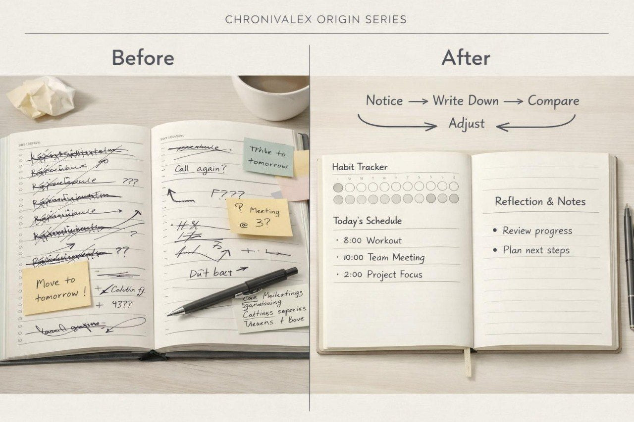 Before and after comparison of a habit tracker in a notebook with sticky notes and a pen.