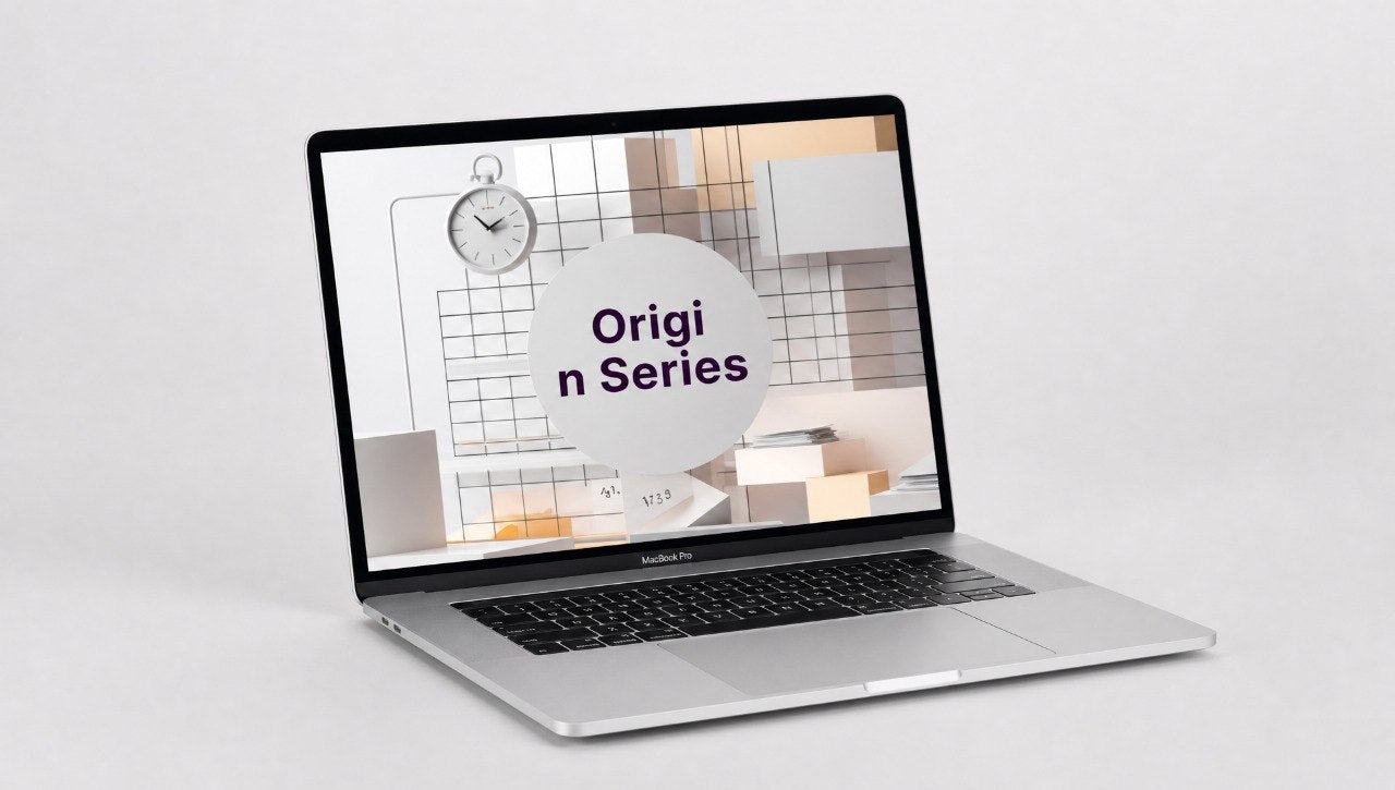 Laptop displaying 'Origination Series' on a white background