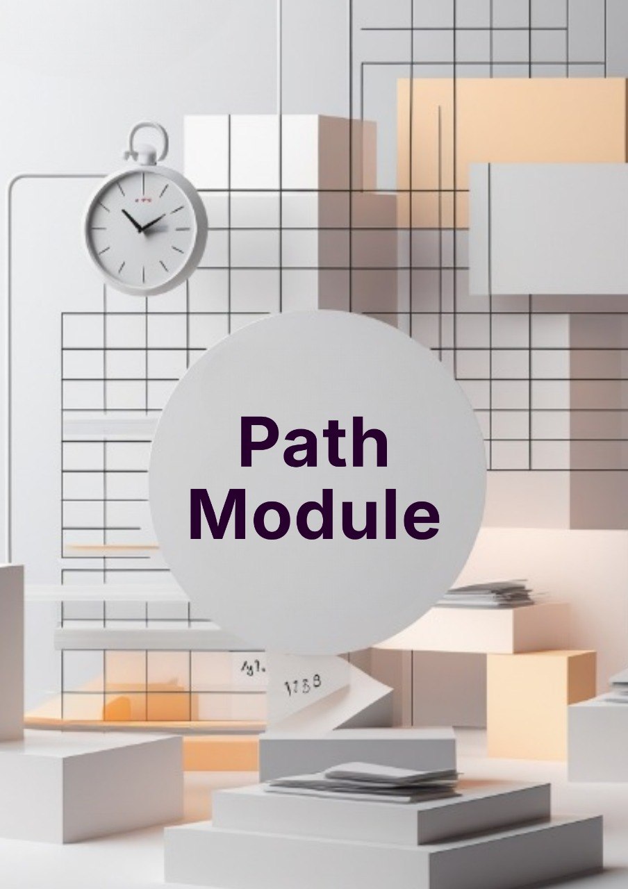 Modern interior design with geometric shapes and a clock, featuring the text 'Path Module'.
