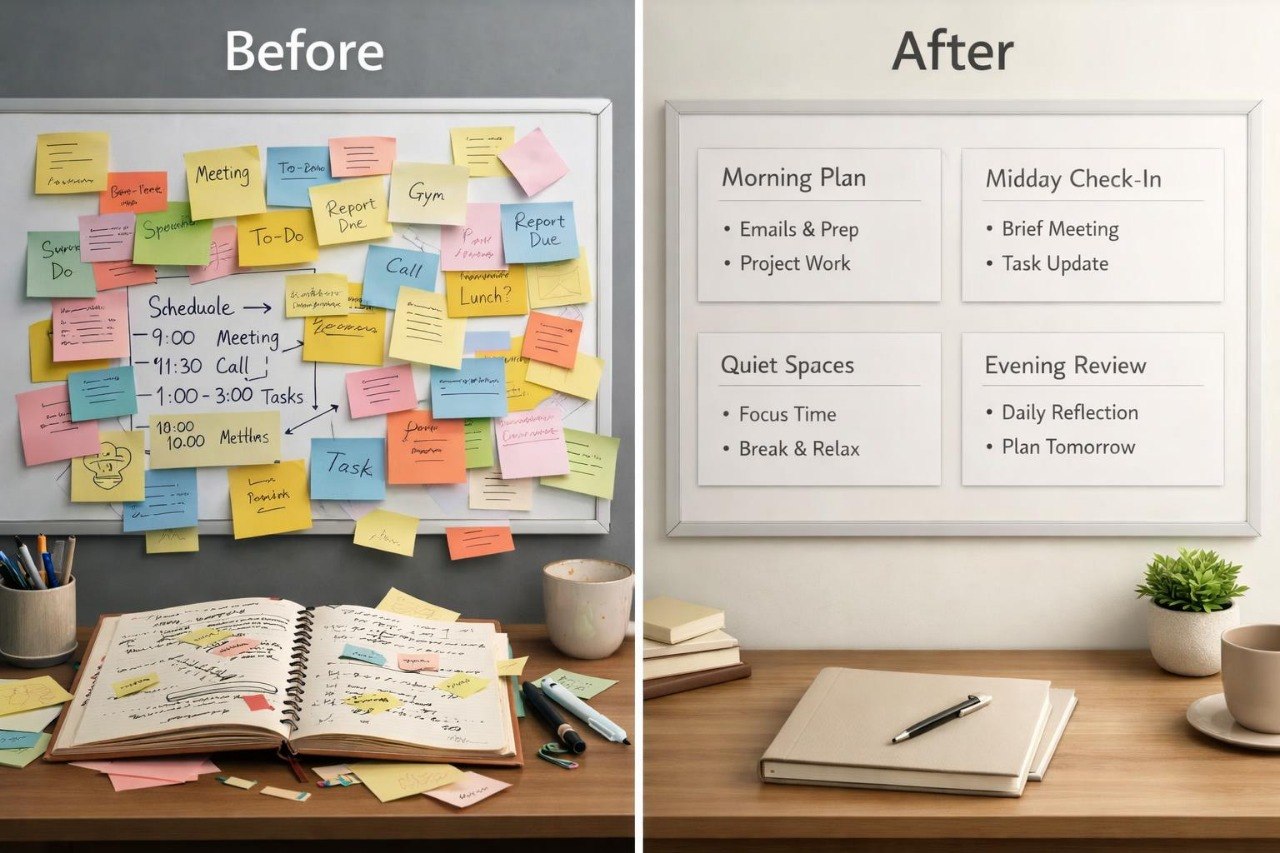 Before and after comparison of a desk setup with notes and plans.